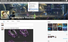 Shotgun software interface showing the Hyperspace Madness project dashboard with media and people sections.