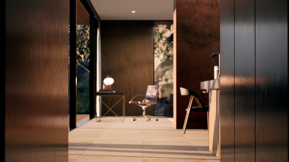 A minimalist office with a desk, chair, and lamp, viewed through dark wooden door frames.