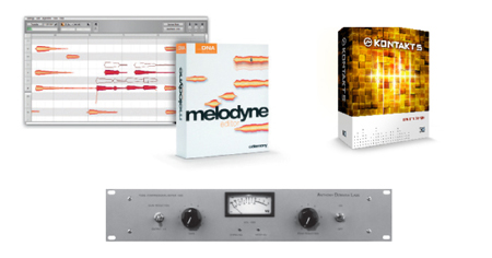 Melodyne Editor and Kontakt 5 software boxes above a silver rack-mounted audio compressor.