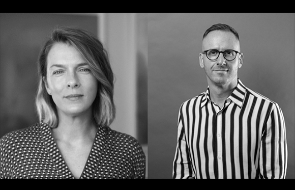 Black and white portraits of a woman with shoulder-length hair and a man wearing glasses and a striped shirt.