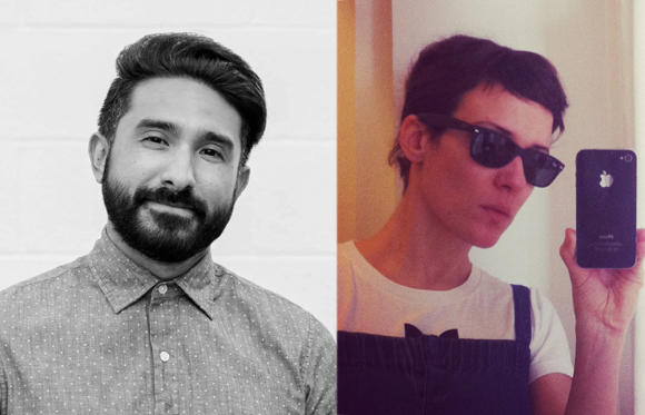 A black and white portrait of a bearded man next to a color selfie of a woman wearing sunglasses.
