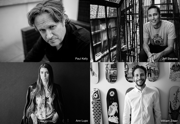 Four black and white portraits of Paul Kelly, Jeff Stevens, Ann Lupo, and William Zitser.