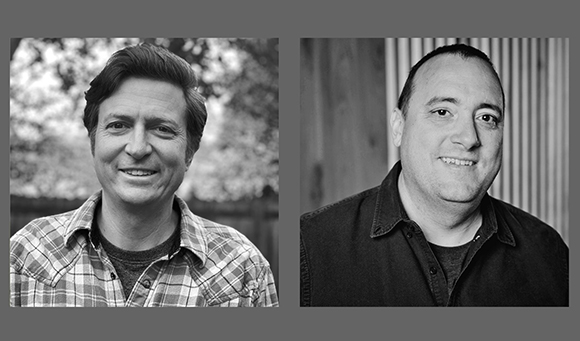 Two black and white portrait photographs of men, one smiling in a plaid shirt and one in a dark shirt.
