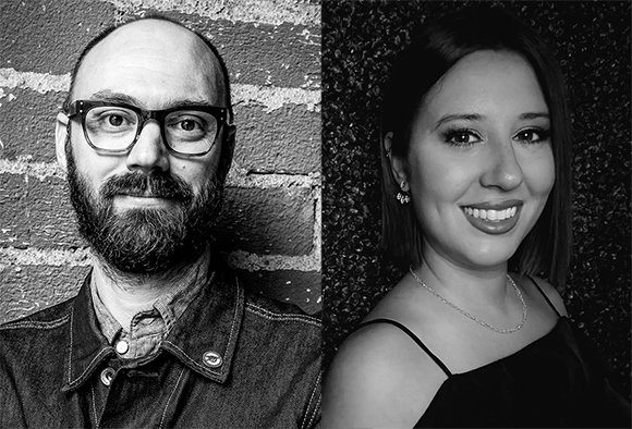 Black and white portraits of a bearded man in glasses and a smiling woman with dark hair.