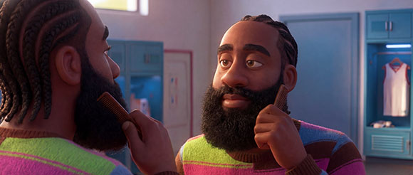 Two Black men with braided hair and full beards use combs to groom their facial hair in a locker room.