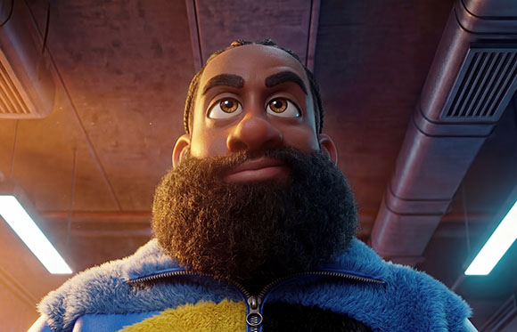 Low-angle close-up of an animated Black man with braided hair and a thick dark beard looking upward.