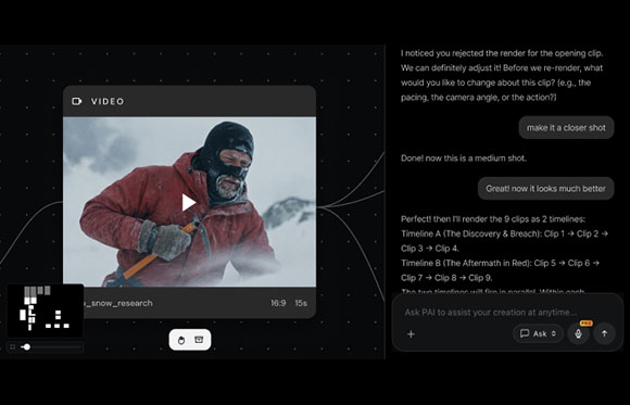 Video editing software showing a man in a red jacket and a chat interface with text prompts.