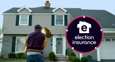 A man playing a brass instrument in front of a two-story house with an election insurance logo overlay.