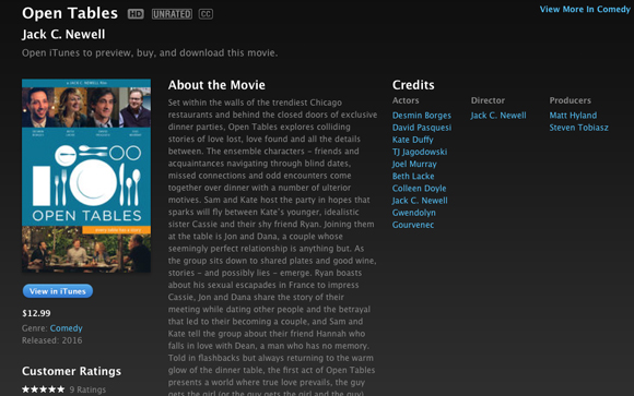 iTunes product page for the movie Open Tables featuring the poster, credits, and movie description.