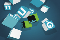 Floating 3D cubes in shades of blue, white, and green featuring various letters and the text 'GSN'.