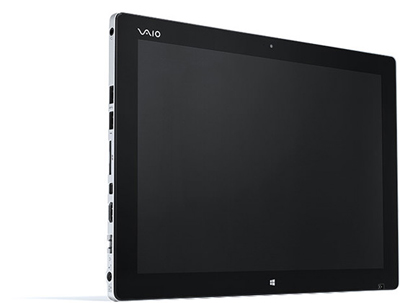 A silver VAIO tablet with a large black touchscreen and various ports on the left side.