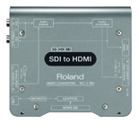 A silver Roland SDI to HDMI converter with technical diagrams and port labels printed on its surface.