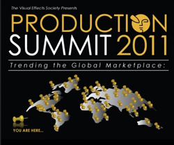 Graphic for Production Summit 2011 featuring a world map with gold pins and the text Trending the Global Marketplace.