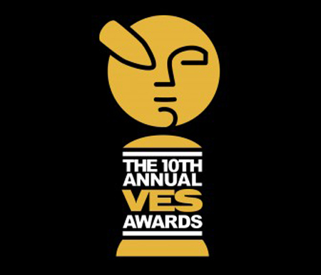 Gold logo for The 10th Annual VES Awards featuring a stylized face icon on a black background.
