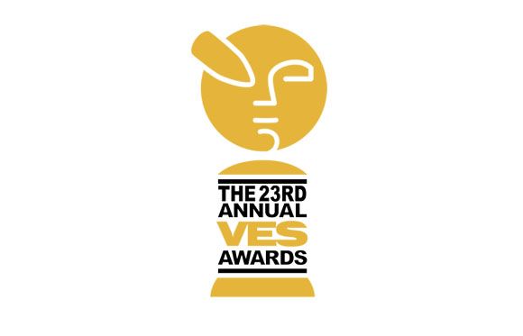 Gold logo of a stylized face above text reading The 23rd Annual VES Awards.