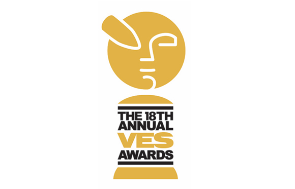 Gold stylized face icon above text reading The 18th Annual VES Awards.