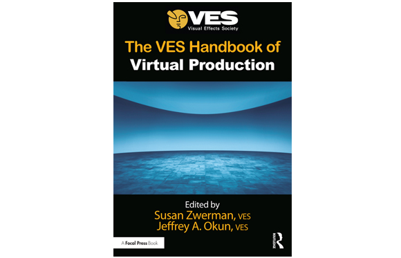 Book cover with a blue abstract landscape and text for The VES Handbook of Virtual Production.