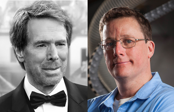A black and white portrait of a man in a tuxedo next to a color portrait of a man in a blue shirt.
