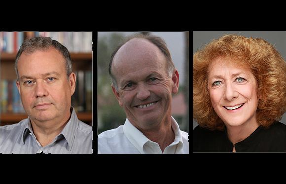 Three separate headshots of a man in a grey shirt, a man in a white shirt, and a woman with red hair.
