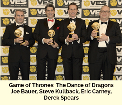 Four men in black tuxedos stand side-by-side holding gold trophies against a VES logo backdrop.
