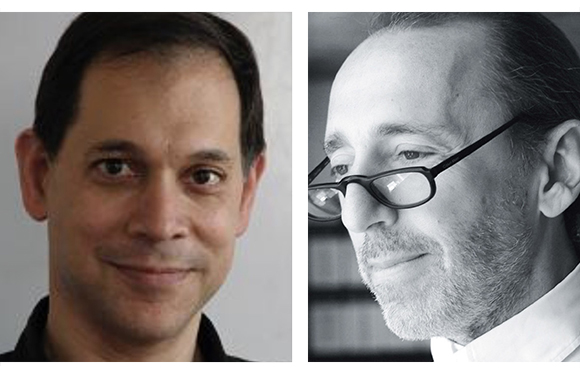 A color portrait of a man on the left and a black and white portrait of a man wearing glasses on the right.