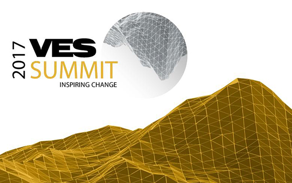 Logo for the 2017 VES Summit featuring gold and grey wireframe mountain landscapes on a white background.
