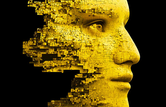 A profile of a golden human face disintegrating into small, glowing rectangular blocks against a black background.
