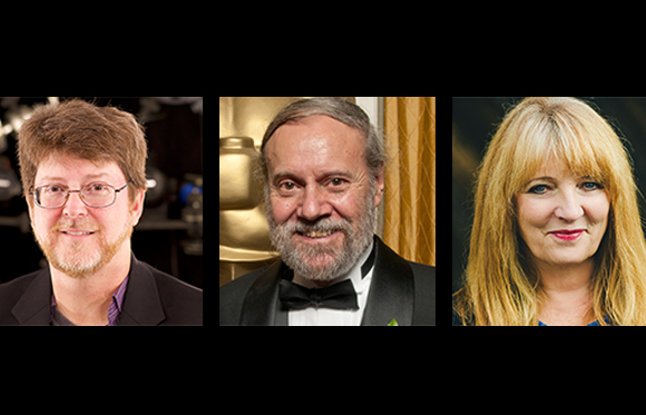 Three headshots of a man with glasses, a man with a beard in a tuxedo, and a woman with blonde hair.
