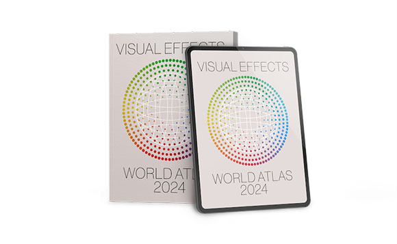A physical book and a digital tablet both showing the Visual Effects World Atlas 2024 cover design.