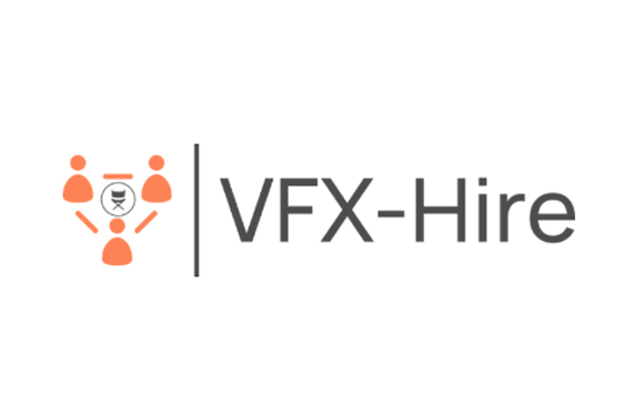 Logo featuring three orange stylized human figures surrounding a small icon, next to the text VFX-Hire.