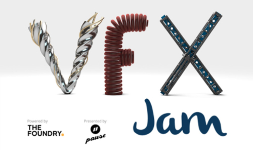 Stylized 3D letters spelling VFX Jam against a white background with sponsor logos.