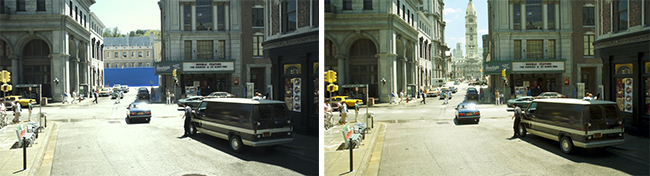 A sunny city street with cars, a van, pedestrians, and multi-story buildings.