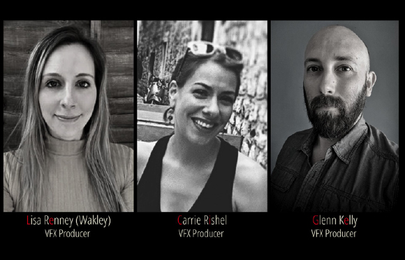 Three black and white headshots of Lisa Renney, Carrie Rishel, and Glenn Kelly, labeled as VFX Producers.