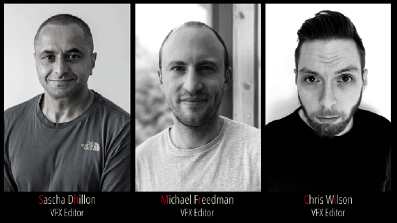 Three black and white portraits of Sascha Dhillon, Michael Freedman, and Chris Wilson, all VFX Editors.