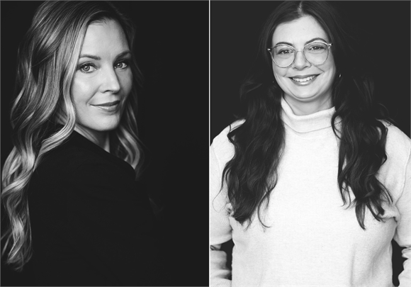 Two black and white portraits of women, one with wavy blonde hair and one with dark hair and glasses.