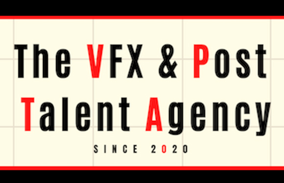 Logo for The VFX & Post Talent Agency on a grid background with red and black text.