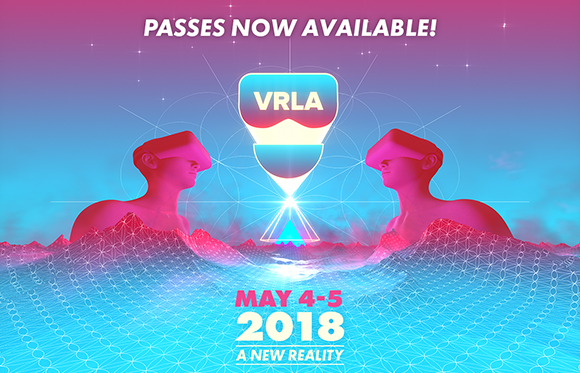 Graphic poster for VRLA 2018 featuring two red figures in VR headsets facing a central hourglass logo.