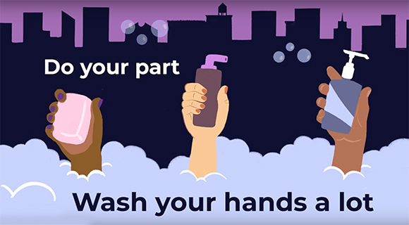 Hands holding a bar of soap, a pump bottle, and liquid soap against a dark city skyline.