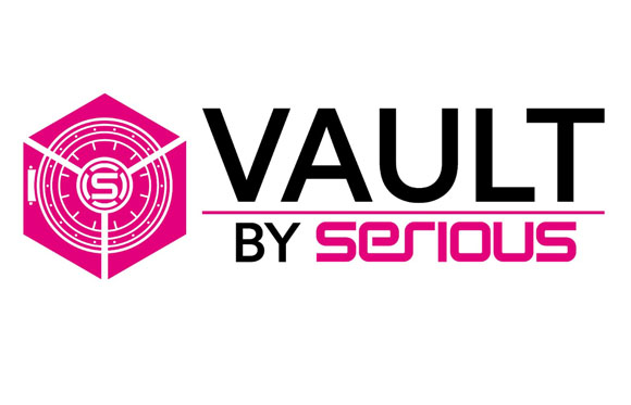 Pink hexagonal vault icon next to the text 'VAULT BY SERIOUS' in black and pink.