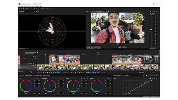 Video editing software interface showing a video preview, timeline with clips, and color grading tools.