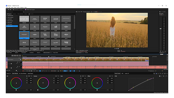 DaVinci Resolve video editing software interface showing a timeline, color wheels, and a video preview.