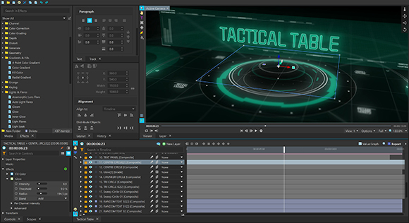 Video editing software interface showing a 3D digital tactical table interface with text and timeline layers.