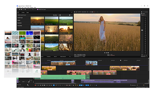 A video editing software interface with a media library, preview window, and timeline.
