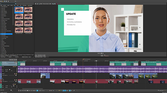 Video editing software interface displaying a woman in a light blue shirt and a multi-track timeline.
