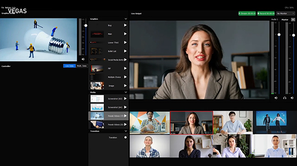 A video editing software interface displaying a main video of a woman and several smaller video windows.