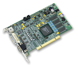 A green computer expansion card with various chips, capacitors, and a gold connector edge.