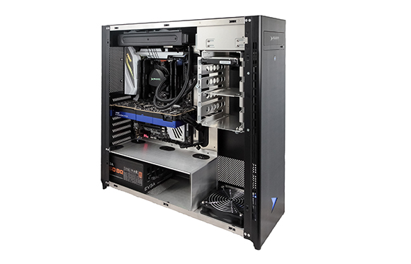 An open-sided desktop computer case showing internal components like the motherboard, GPU, and power supply.