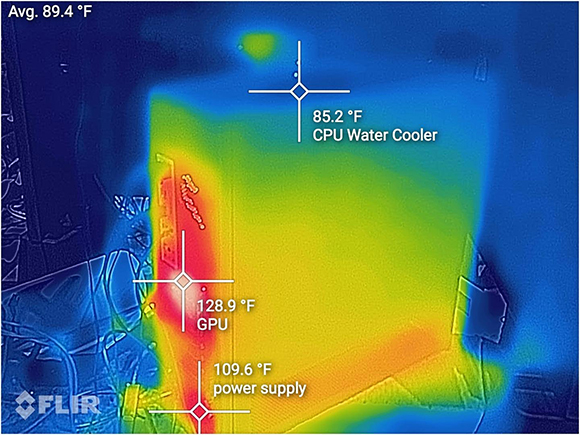 Thermal image of a computer case showing heat signatures with temperature labels for GPU, CPU cooler, and power supply.