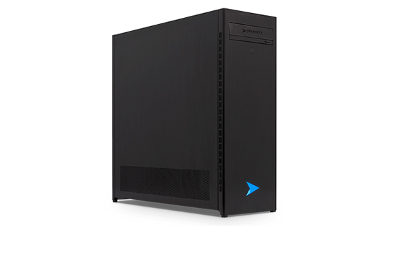 A black rectangular computer tower with a blue logo on the bottom right corner.