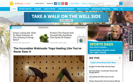 Veria Living website homepage featuring wellness articles and a banner reading Take a Walk on the Well Side.